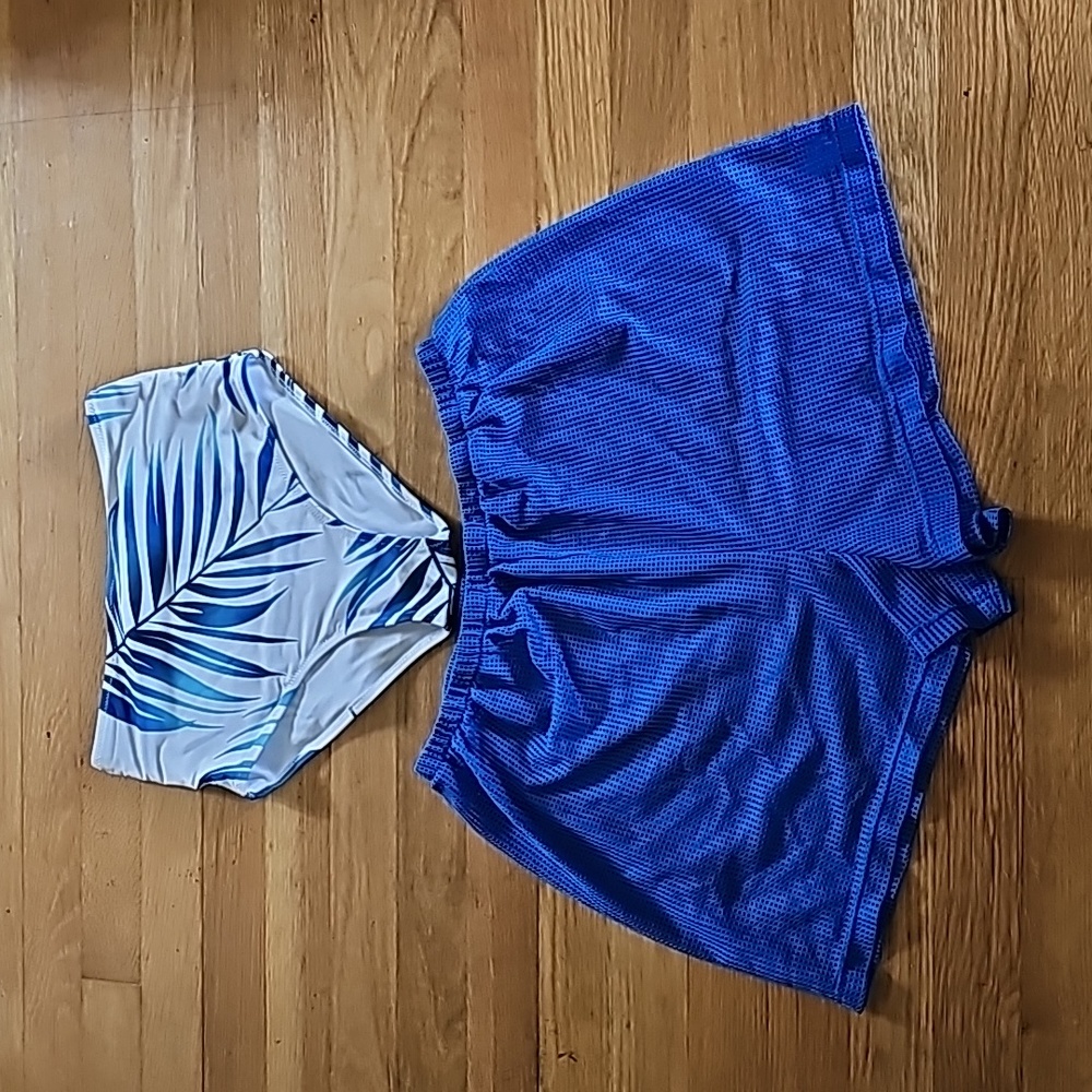 High Waist Bikini Swim Bottom & Blue Mesh Swim Coverup Shorts Women's Size Small